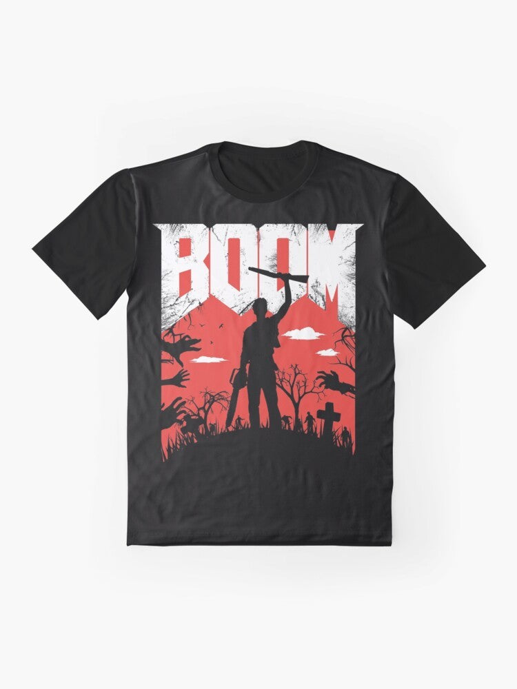 "This is my Boomstick!" Graphic T-Shirt featuring the iconic weapon from the Evil Dead franchise and Bruce Campbell's character Ash. - Flat lay