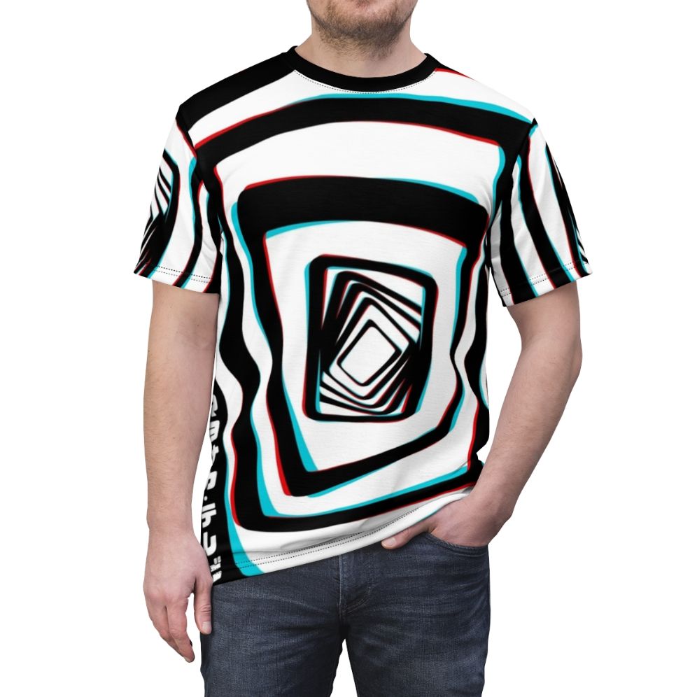 Persona 4 inspired t-shirt featuring a spiral design and Japanese text - men front