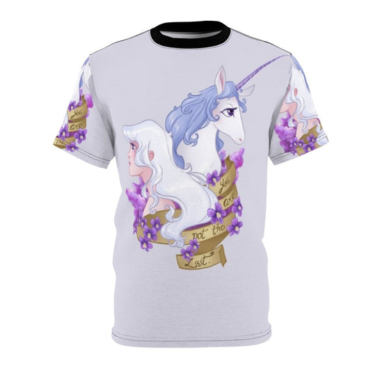 Whimsical t-shirt design inspired by the classic fantasy film "The Last Unicorn", featuring a princess, unicorn, and flowers.