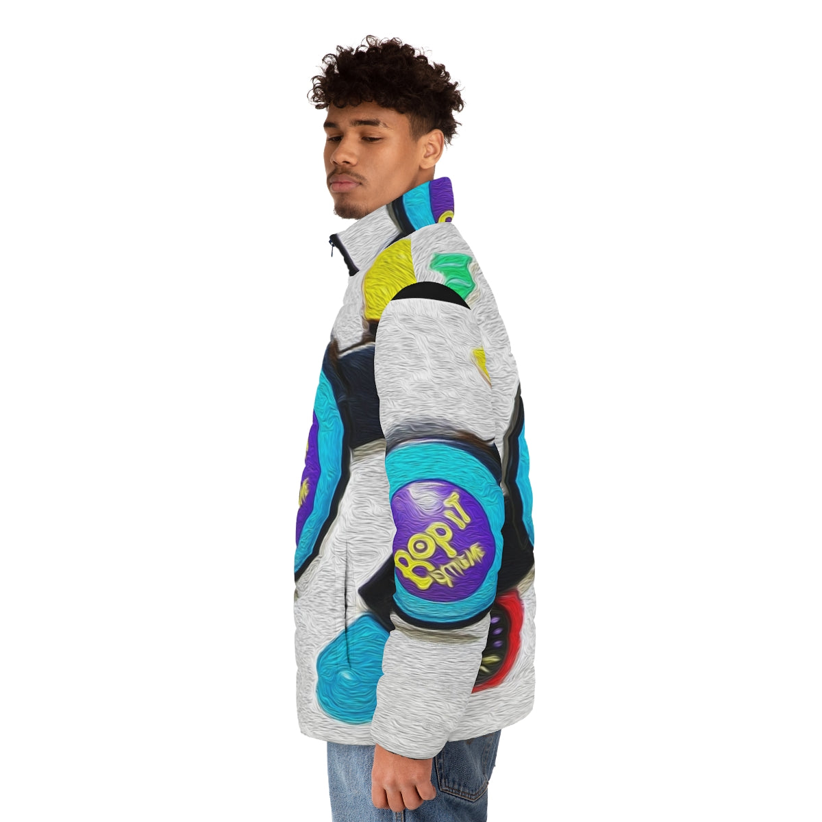 Bop It Extreme Retro Puffer Jacket in colorful design - men side left