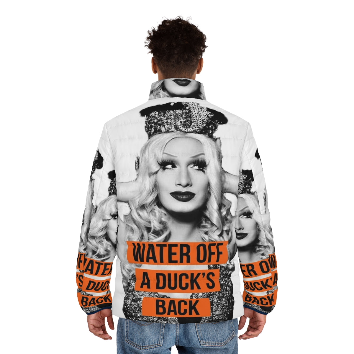 A water repellent puffer jacket for drag race fans - men back