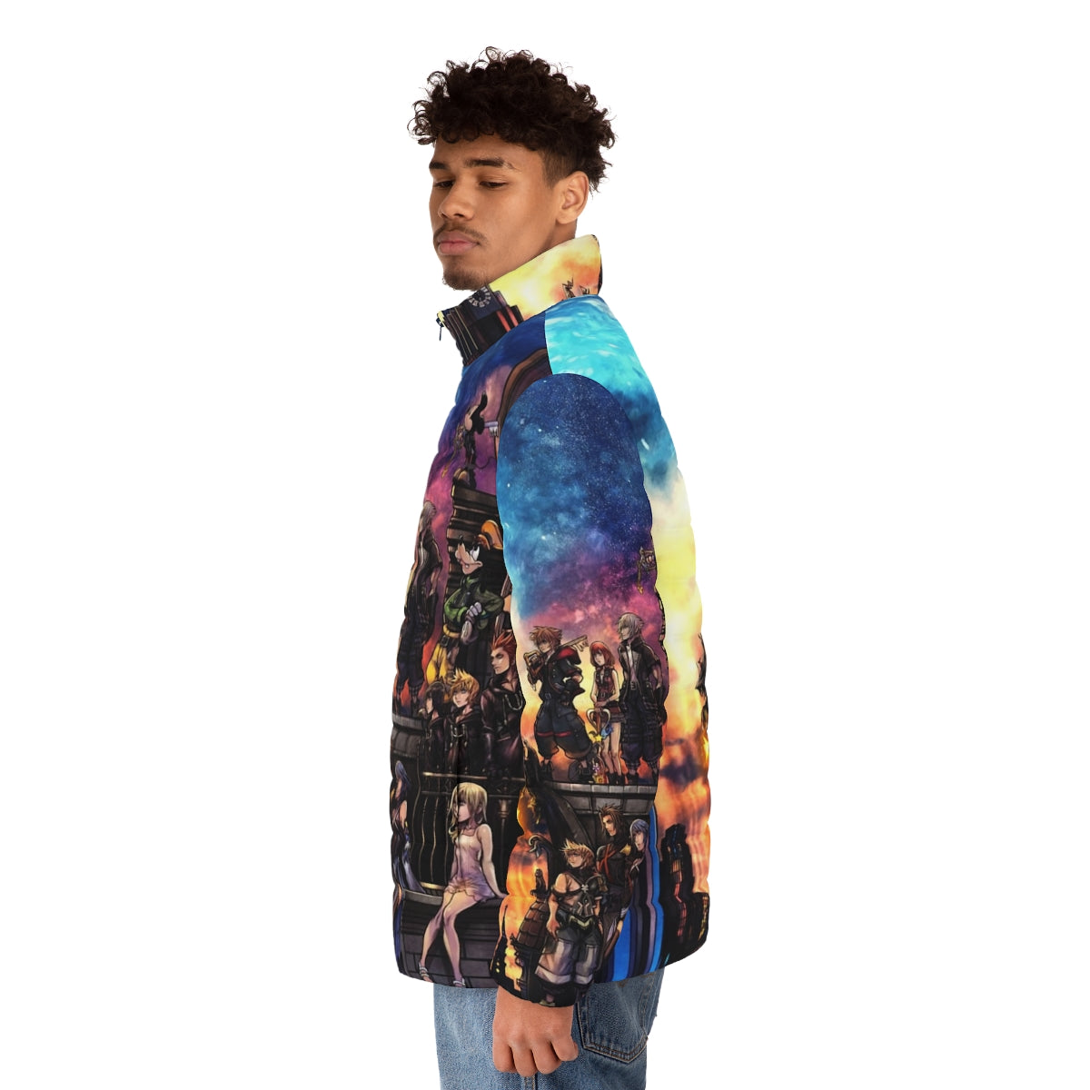 Kingdom Hearts 3 puffer jacket featuring characters and branding from the popular video game - men side left