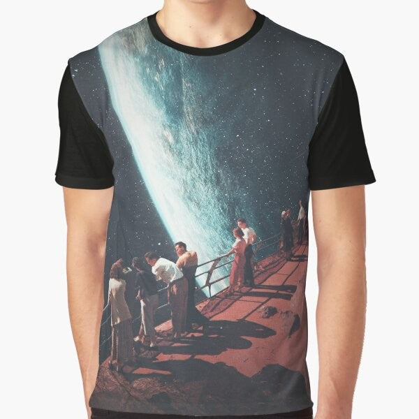 Nostalgic futuristic space retro collage graphic t-shirt design featuring a surreal landscape with planets, stars, and people.