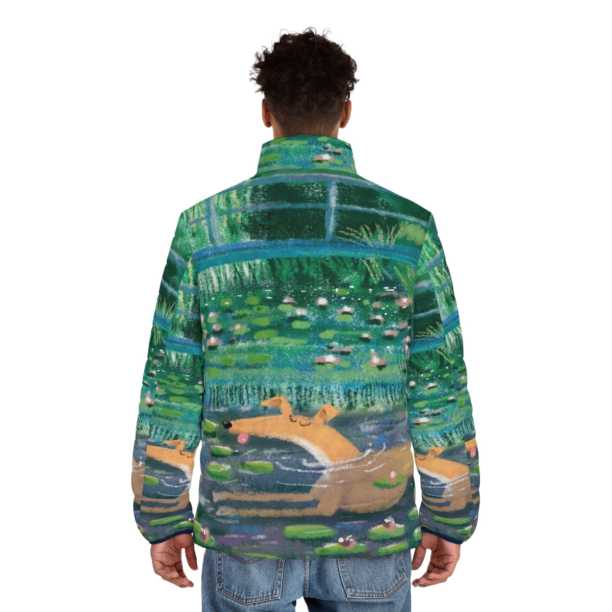 Greyhound puffer jacket with impressionist art design - men back