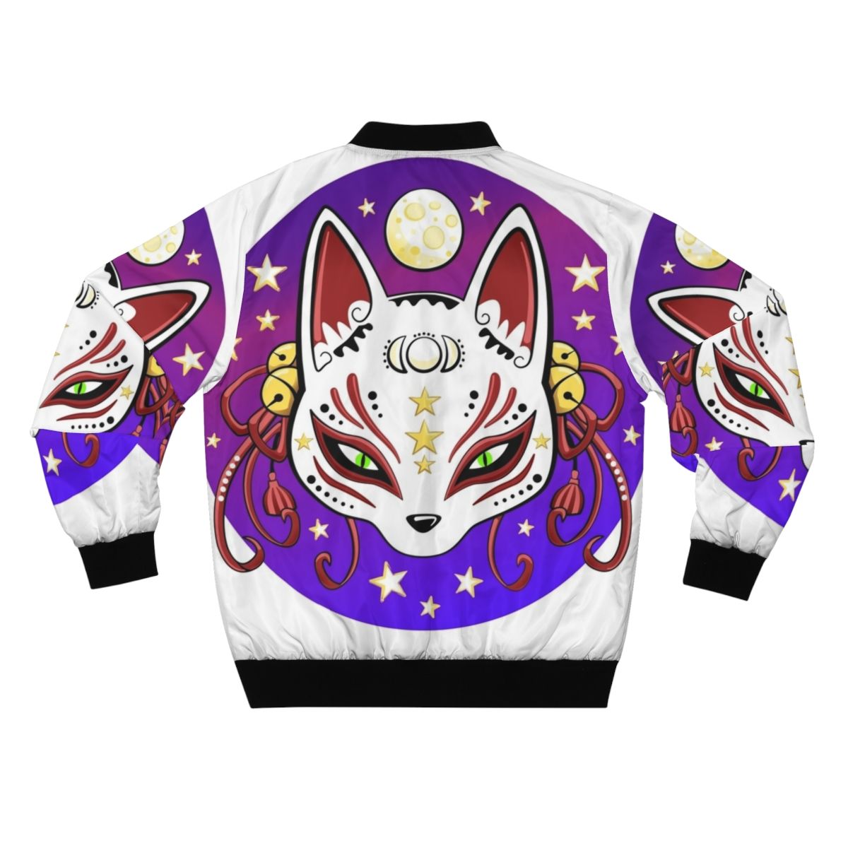 Kitsune-themed bomber jacket with Japanese fox mask, stars, and moon imagery - Back