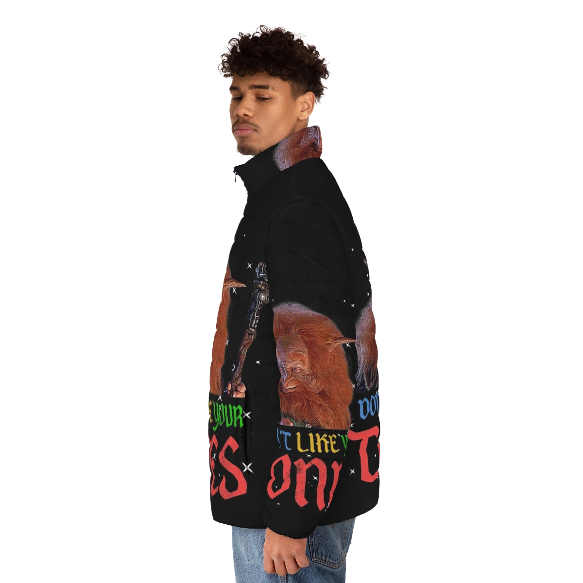 Vibrant 80s "I Don't Like Your Tone" puffer jacket inspired by Masters of the Universe - men side left