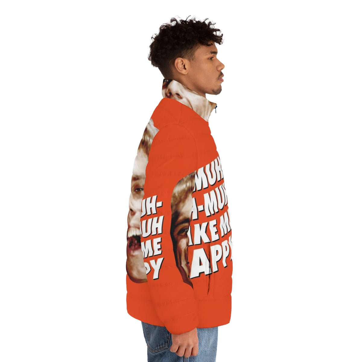 "A puffer jacket featuring the iconic 'Simple Jack' character from the movie Tropic Thunder, a pop culture and comedy reference." - men side right