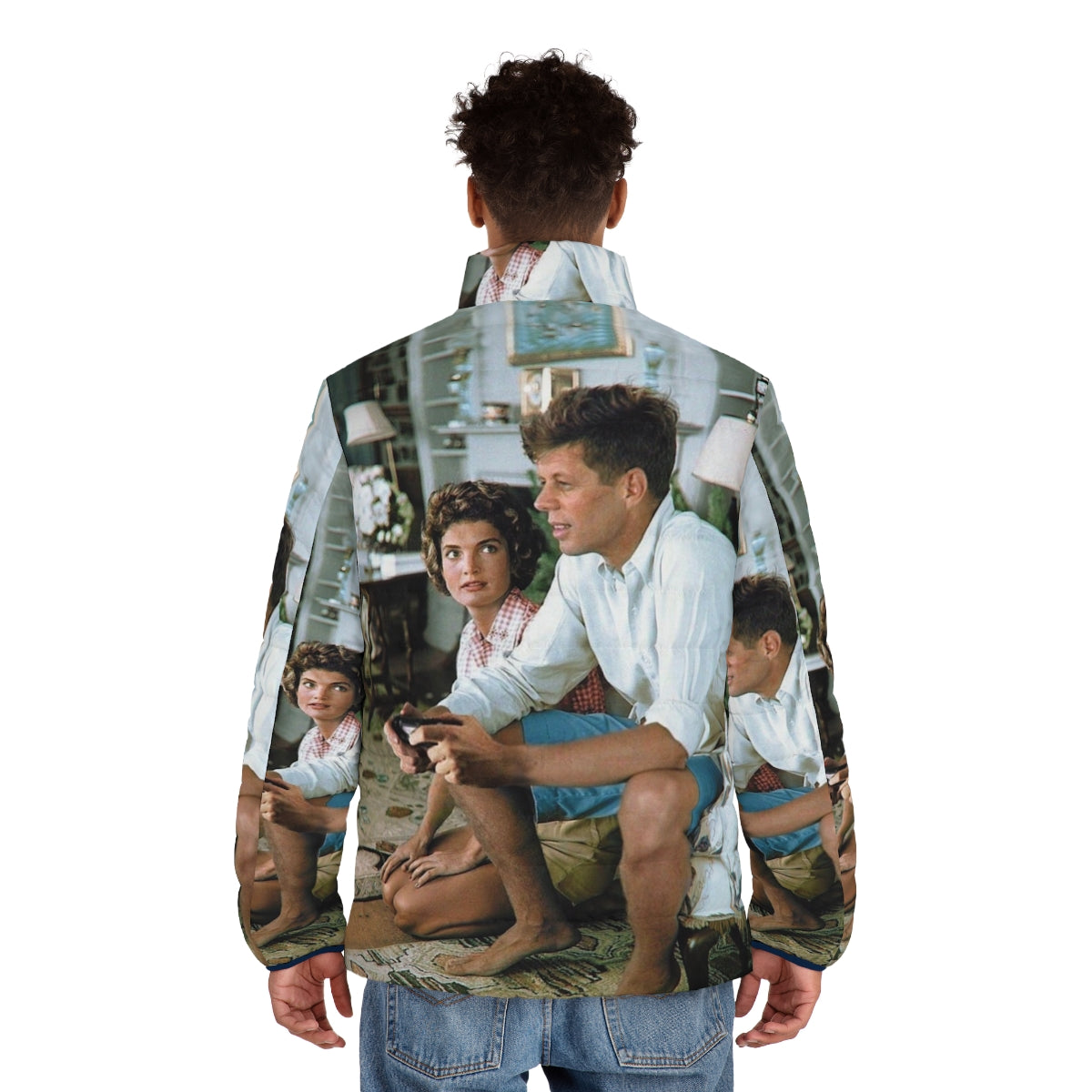 Vintage puffer jacket featuring an image of John F. Kennedy playing a video game console - men back