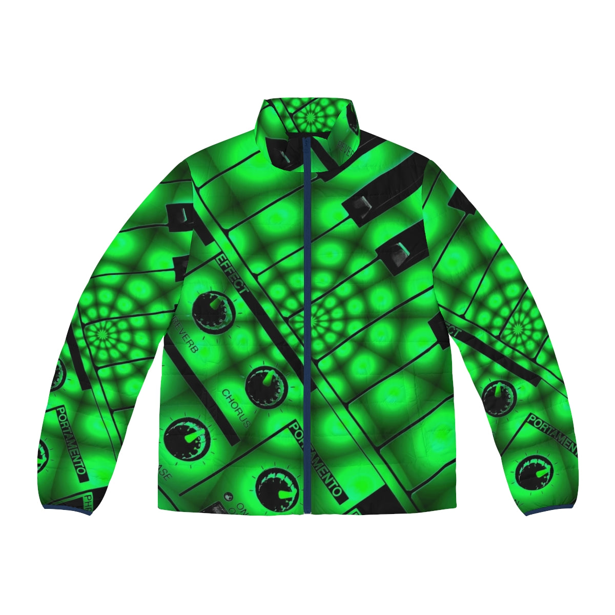 Puffer jacket with printed synthesizer keys and filters design