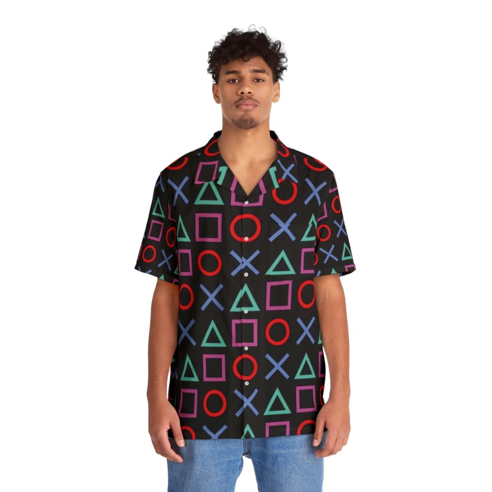 Black Hawaiian shirt with tropical gaming print - People Front