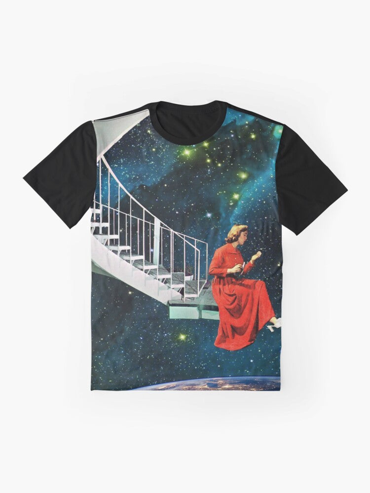 A graphic t-shirt featuring a nail-biting edge design with collage elements including the earth, stars, and manicure. - Flat lay