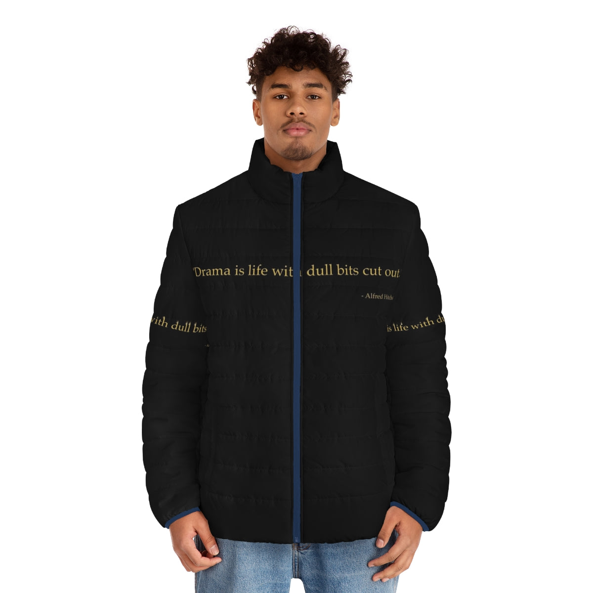 Alfred Hitchcock Quote Puffer Jacket with iconic film references - men front