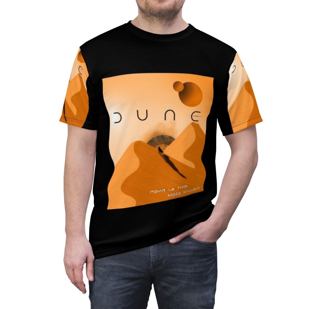 Dune-inspired t-shirt featuring the quote "Fear Is the Mind Killer" and iconic Dune imagery - men front