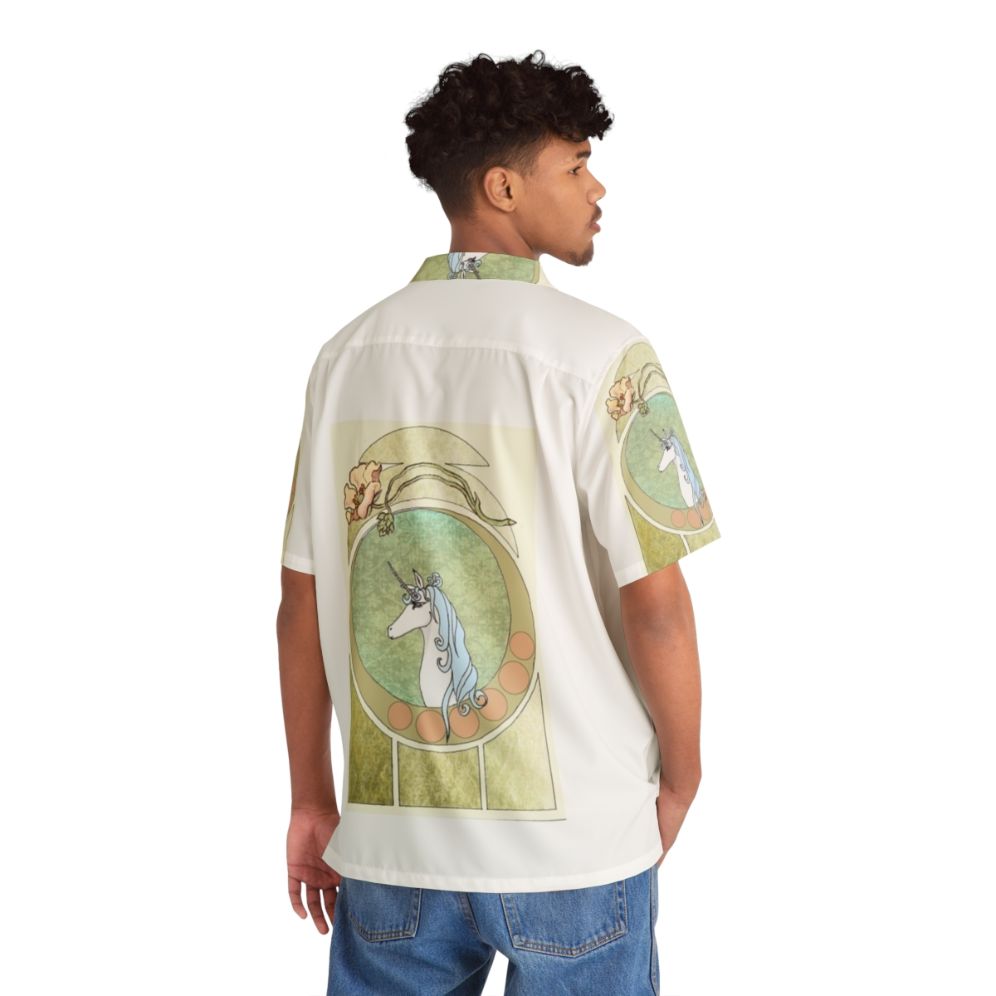 Art Nouveau The Last Unicorn Hawaiian Shirt featuring a unicorn design - Flat lay