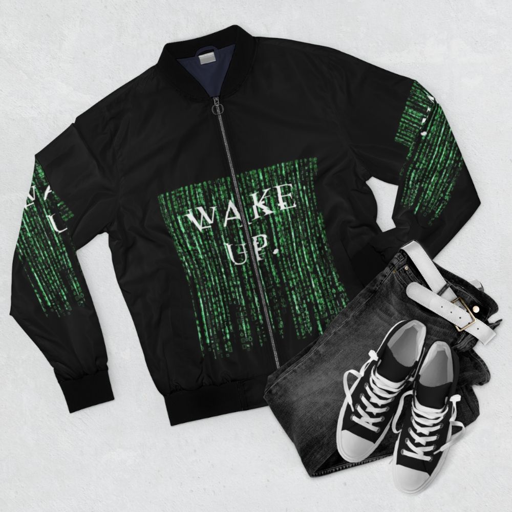 Matrix Wake Up Neo Bomber Jacket - Flat lay