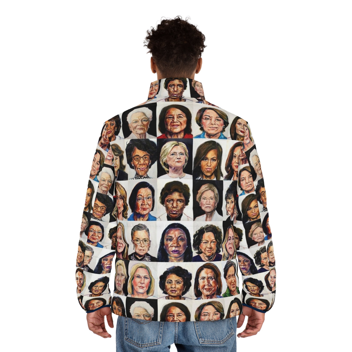 Sheroes 2020 Puffer Jacket with "Feminist" and "Democrat" tags - men back