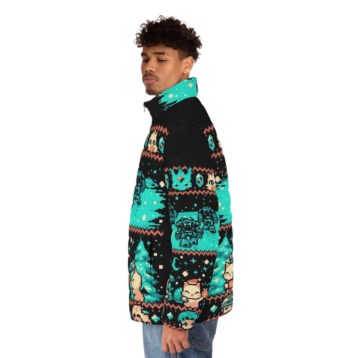 Cozy winter fantasy puffer jacket with retro pixel art design - men side left