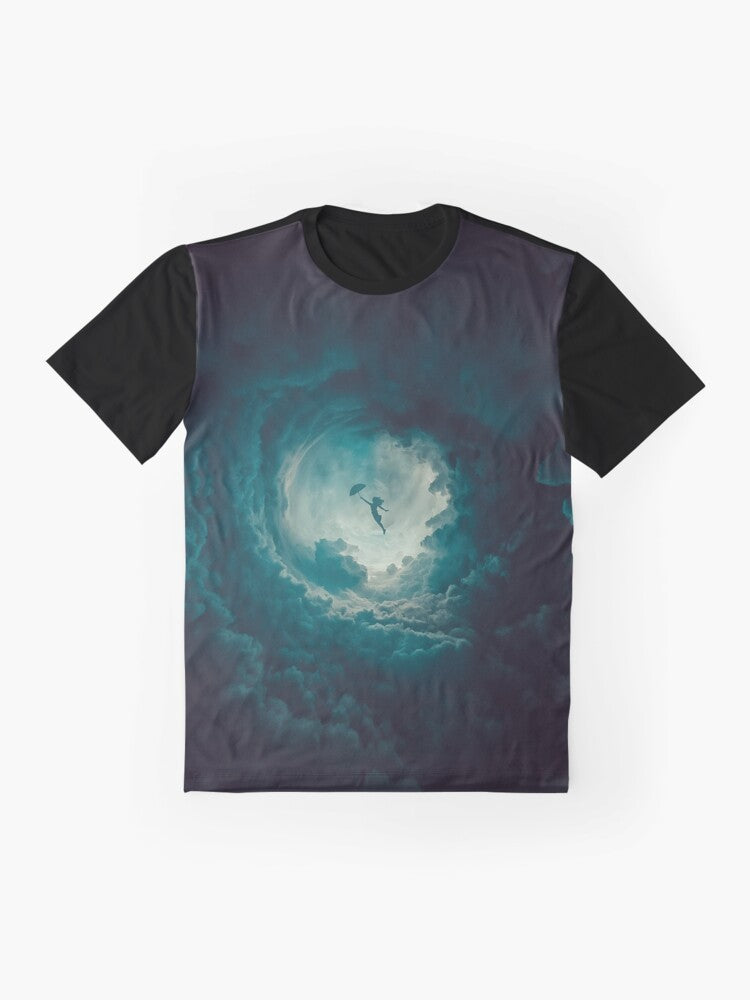 A green graphic t-shirt featuring a round design with clouds, sky, and an umbrella in a mixed media style. - Flat lay