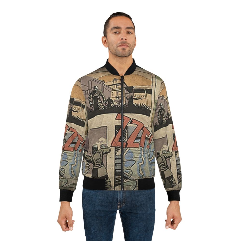 A bomber jacket featuring a comic-style Zombies loading screen from the Call of Duty Black Ops video game series. - Lifestyle