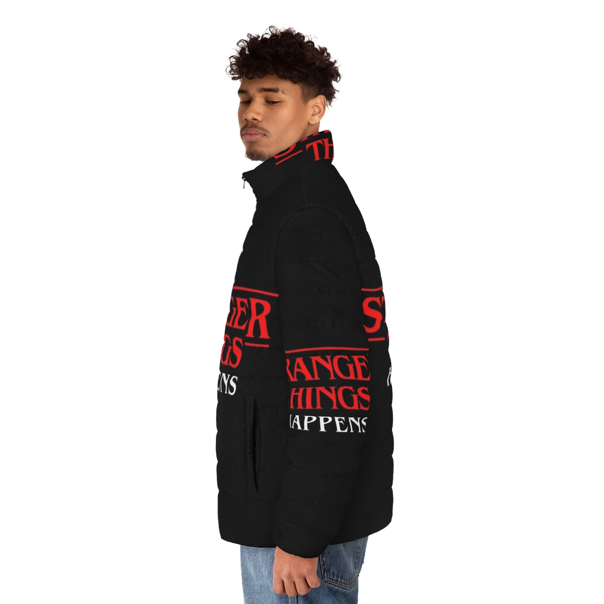 Stranger Things Puffer Jacket featuring the iconic logo and quotes from the hit Netflix series - men side left