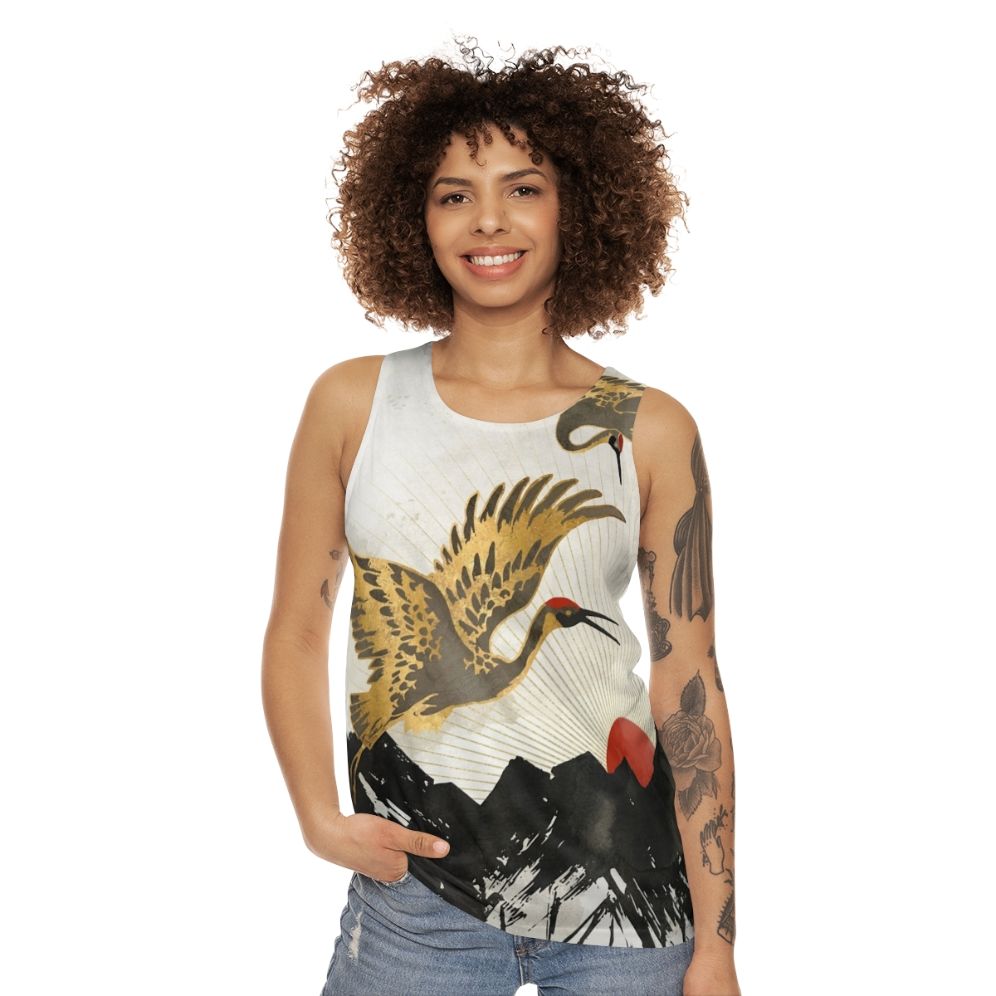 Elegant crane in flight unisex tank top - women