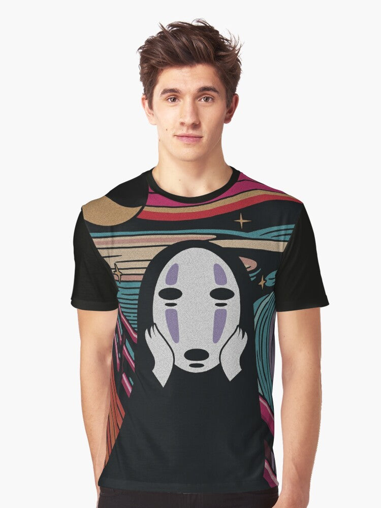 A graphic t-shirt with a design inspired by the iconic "The Scream" painting and the beloved anime film "Spirited Away" from Studio Ghibli. - Men