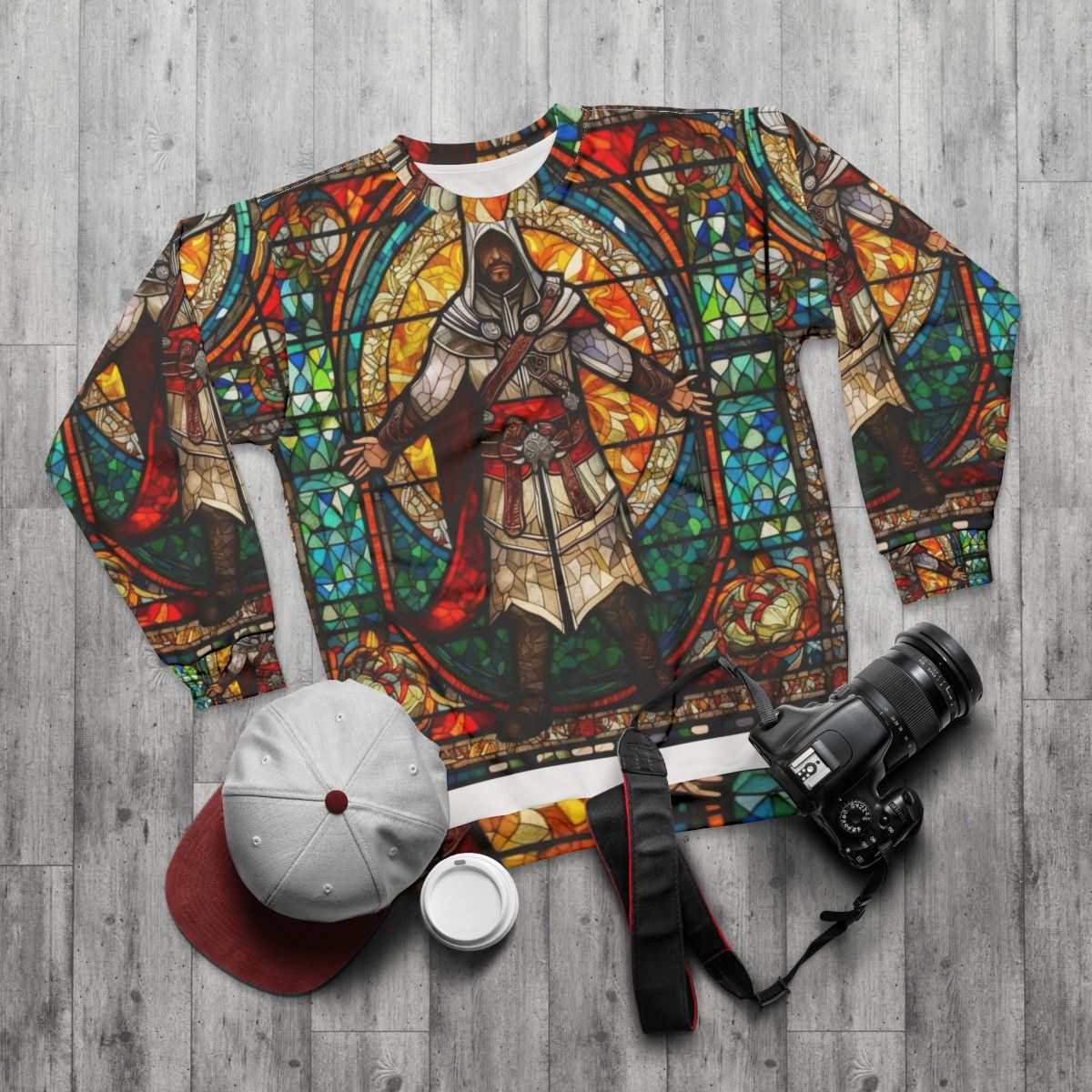 Assassin's Creed inspired sweatshirt with stained glass church window mosaic design - flat lay