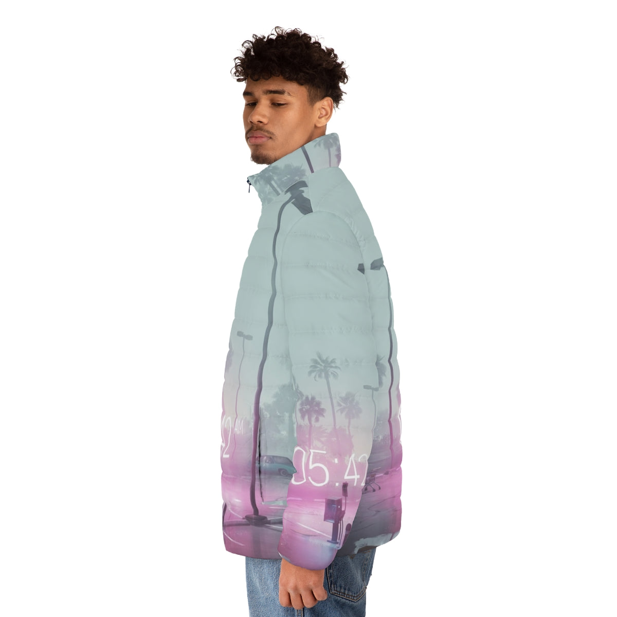 Time Puffer Jacket with vaporwave, synthwave, and retro design - men side left