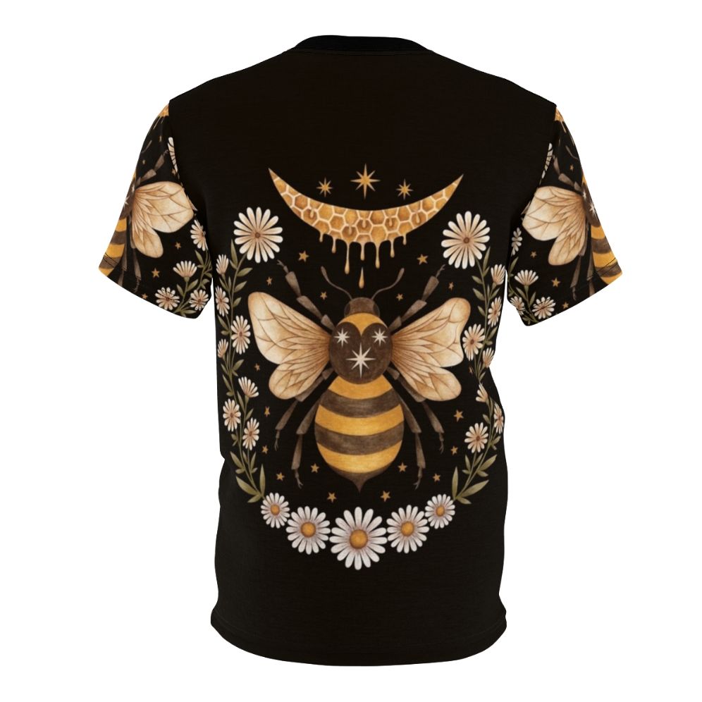 A black t-shirt featuring a honey moon design with bees, flowers, and a laurel wreath - Back