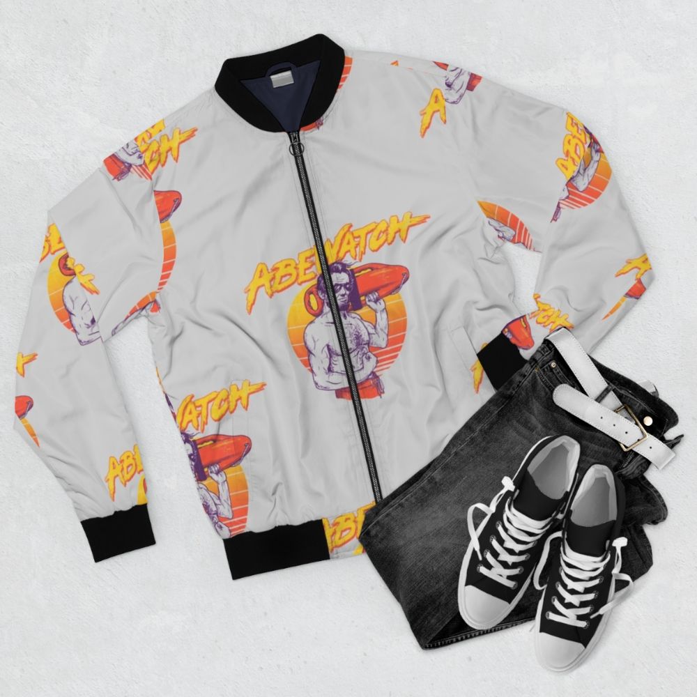 Abewatch Retro Bomber Jacket featuring an Abraham Lincoln inspired design - Flat lay