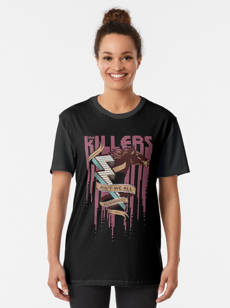 Retro graphic t-shirt featuring The Killers We All Runaways design with influences from Hall and Oates' iconic 1980s sound and style. - Women