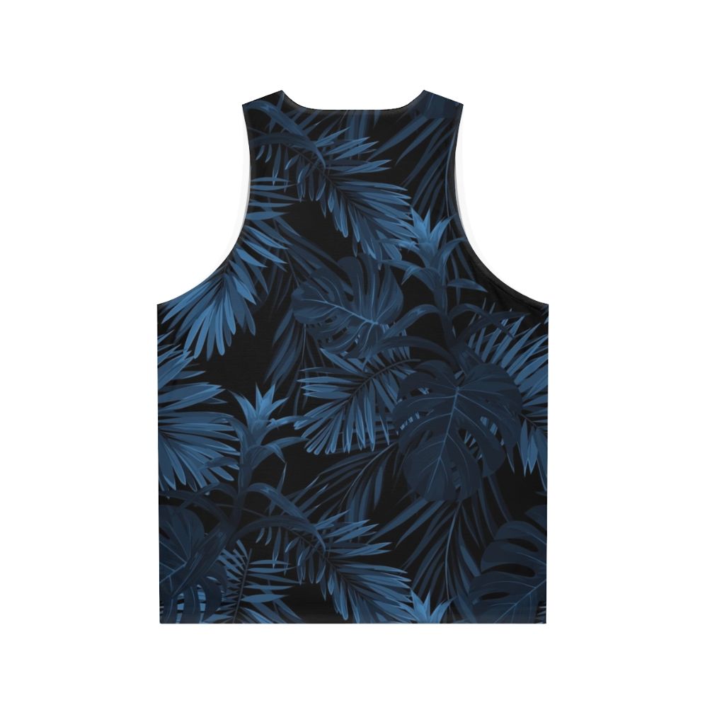 Tropical Indigo Blue Unisex Tank Top with Botanical Leaf Print - Back