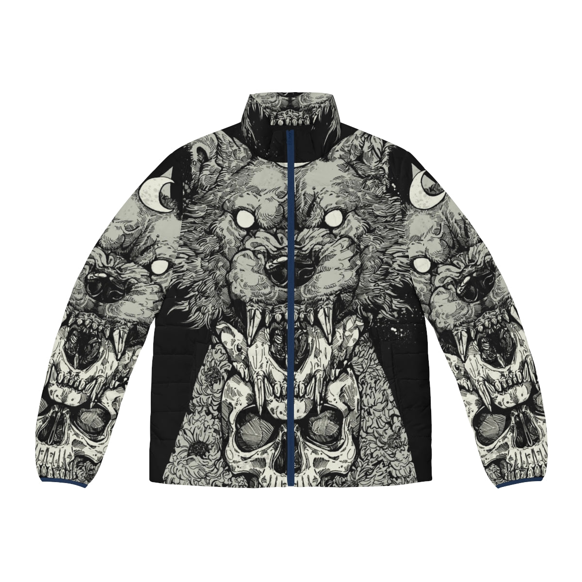 A sleek, black puffer jacket with a gothic, edgy design featuring a wolf and skull motif