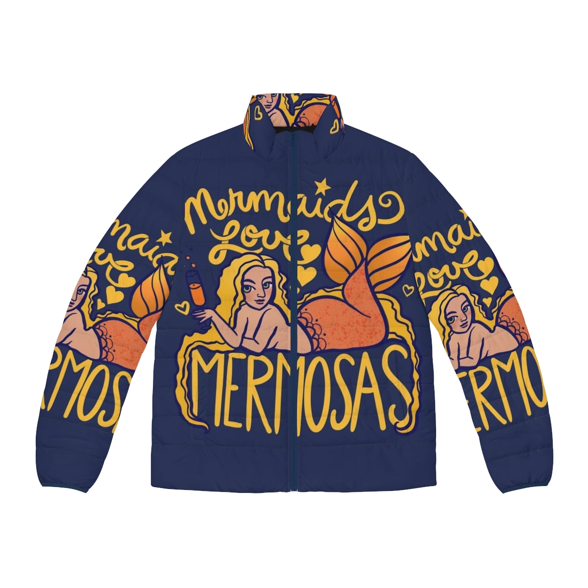 Mermaids Love Mermosas Puffer Jacket with a print of mermaids and mimosas