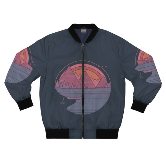 Vintage-style bomber jacket with a minimalist mountain landscape design