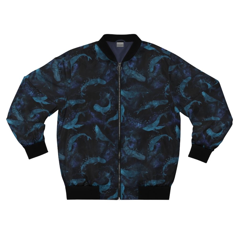 Indigo blue bomber jacket with a whale design, showcasing the graceful movements of whales in the deep blue ocean.