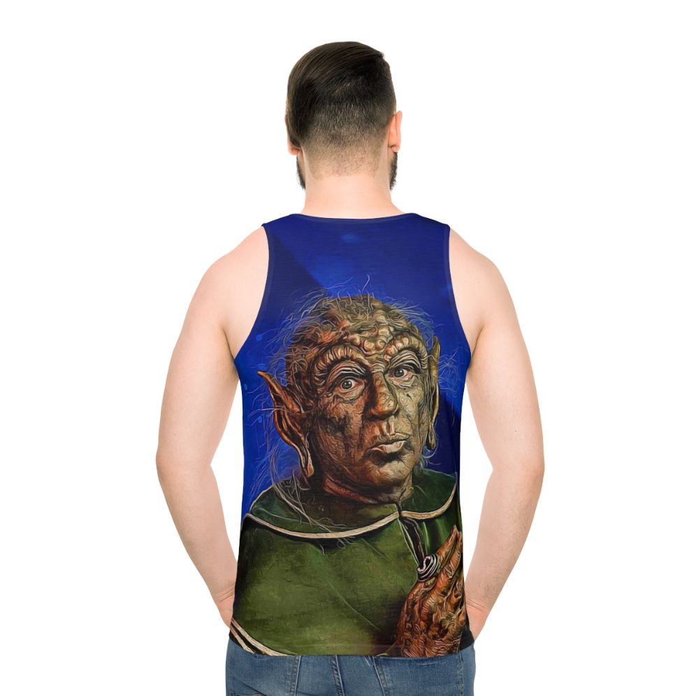 Unisex yogurt-inspired sci-fi parody tank top - men back