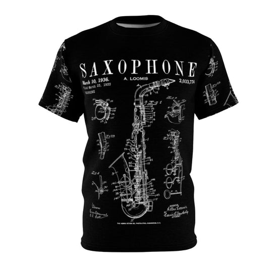 Vintage saxophone patent drawing print on a t-shirt for saxophone players and music lovers