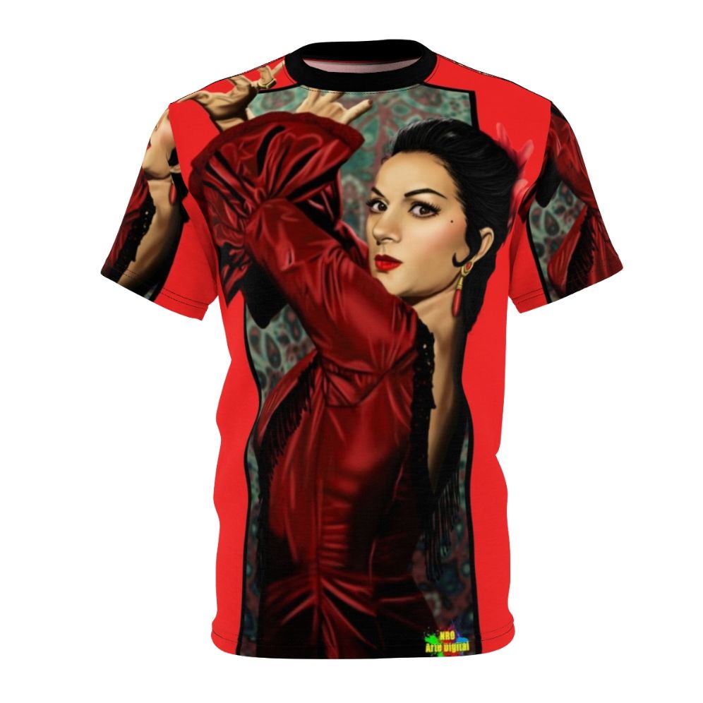 Vibrant digital art t-shirt featuring Lola Flores inspired design