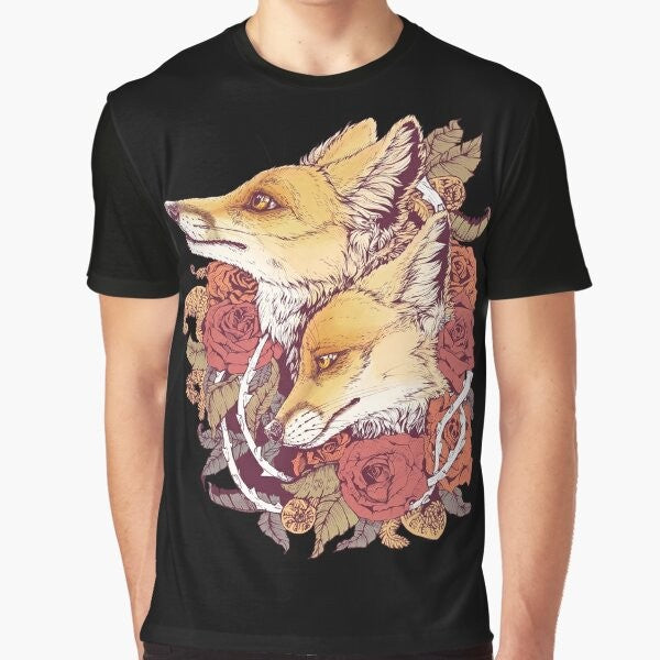 Red fox surrounded by rose buds, ferns, and spirals in a nature-inspired graphic design.