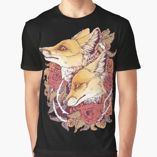 Red fox surrounded by rose buds, ferns, and spirals in a nature-inspired graphic design.