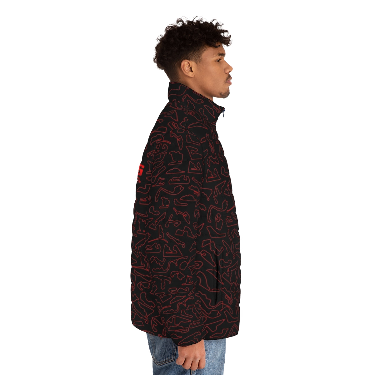 Charles Leclerc Formula 1 driver wearing a red and black puffer jacket with a racing-inspired pattern design - men side right