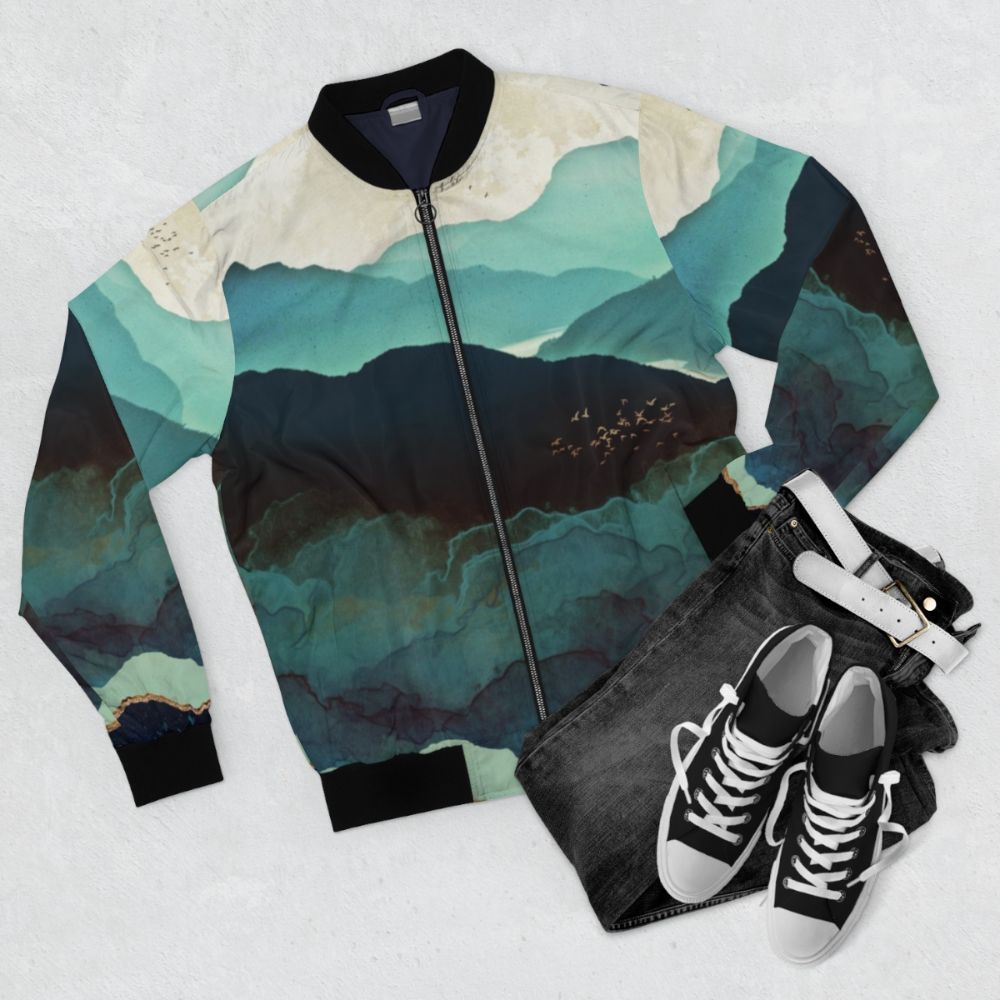 Indigo Mountains Bomber Jacket with abstract nature landscape design - Flat lay