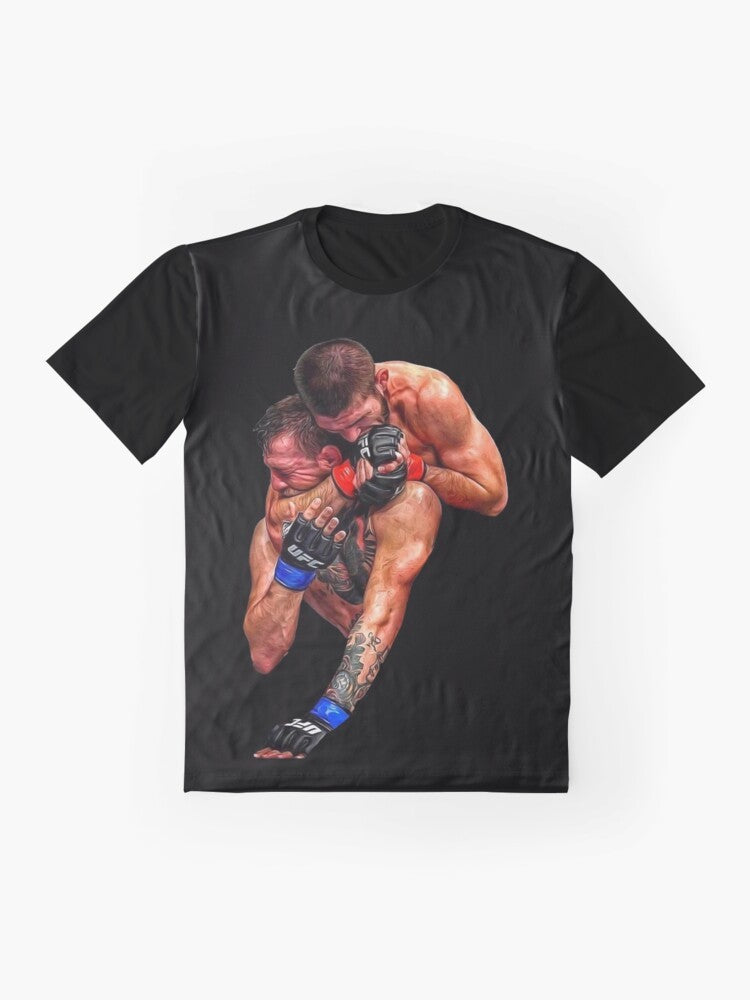 Graphic t-shirt featuring Khabib Nurmagomedov submitting Conor McGregor with a neck crank in their UFC 229 fight. - Flat lay