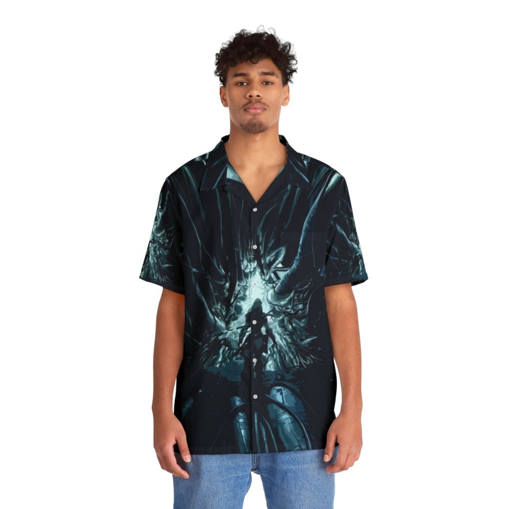 Horizon Zero Dawn inspired Hawaiian shirt featuring robotic and sci-fi elements - People Front