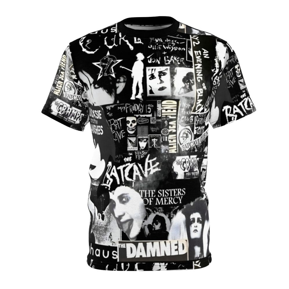 Retro goth-inspired t-shirt with collage of 80s music, bats, and gothic elements