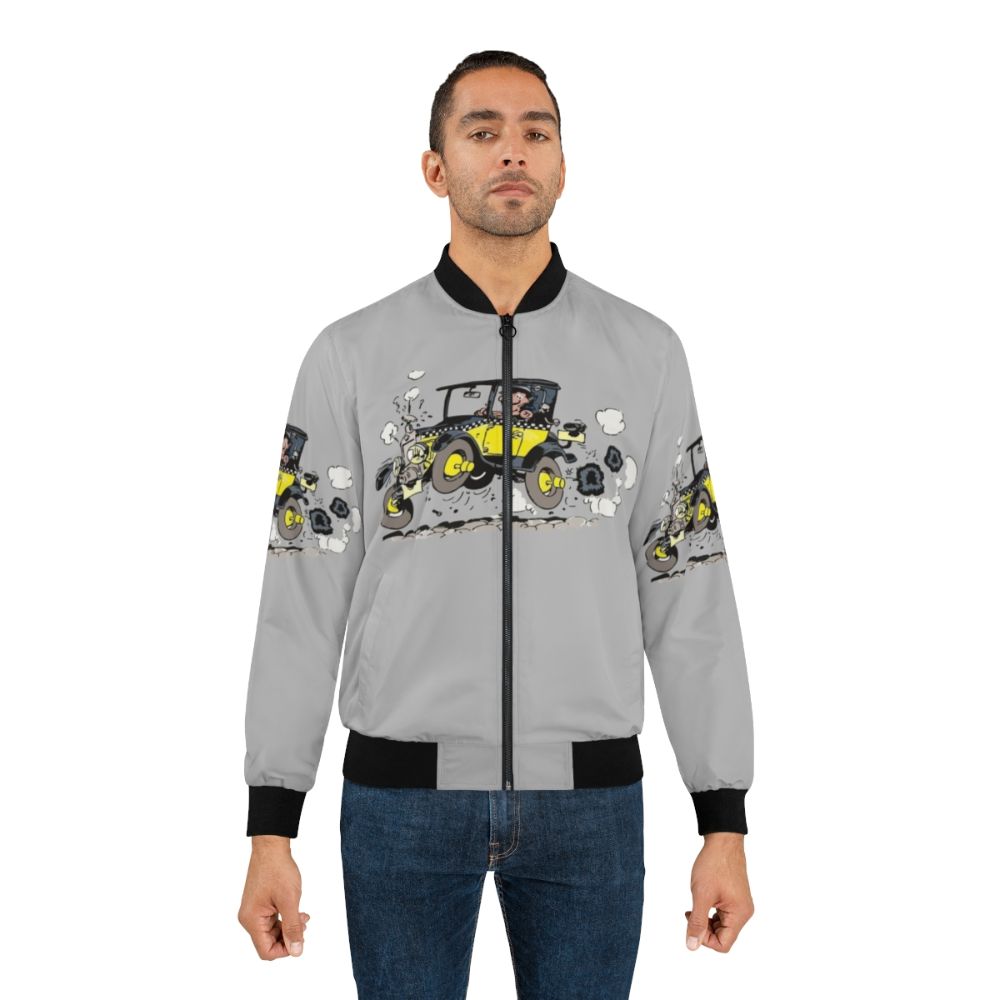 Guus Lagaffe Cartoon Adventure Bomber Jacket featuring a vintage illustration of the beloved Belgian comic book character - Lifestyle