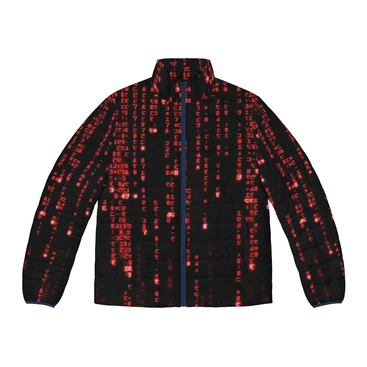 The Red Matrix Code Puffer Jacket with binary code and futuristic graphic design