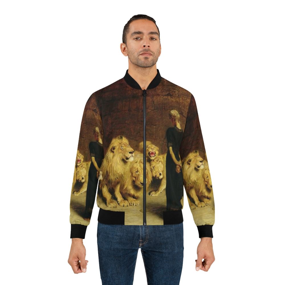 Vintage bomber jacket featuring a biblical scene of Daniel in the lions' den - Lifestyle