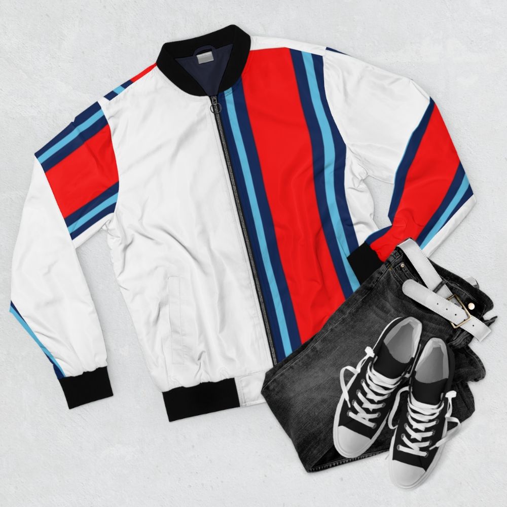 Classic Martini Stripe Bomber Jacket with Minimalist Motorsport Design - Flat lay